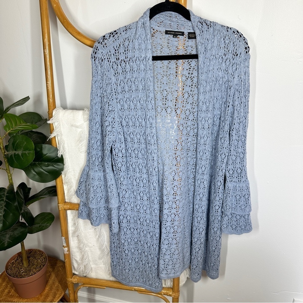 Jeanne Pierre Blue Crotchet Bell Sleeve Cardigan sz XL